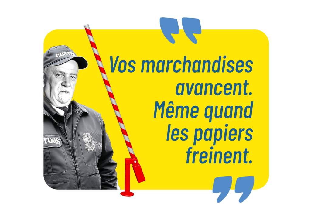 CHARPIOT-Illustration, die die reibungslose Warenbewegung trotz Zoll- und Verwaltungsformalitäten symbolisiert